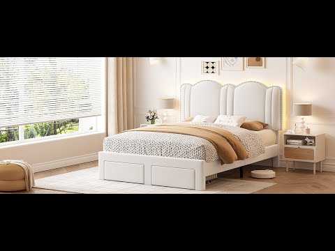 Snhomee Full Size Bed Frame with LED Lights, Velvet Upholstered Headboard, 2 Storage Drawers, Adjustable Height, Strong Support, No Box Spring Needed, Easy Assembly, Cream