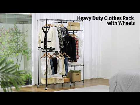 Snhomee Heavy Duty Clothes Rack with Wheels, Freestanding Portable Closet, Rolling Garment Rack For Hanging