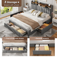 Snhomee Storage Bed with Upholstered Headboard - High Weight Capacity, Silent & No Box Spring Needed-Grey