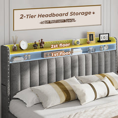 Snhomee Storage Bed with Upholstered Headboard - High Weight Capacity, Silent & No Box Spring Needed-Grey