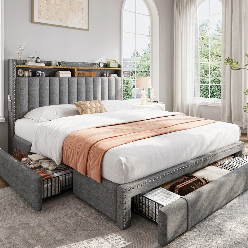 Snhomee Storage Bed with Upholstered Headboard - High Weight Capacity, Silent & No Box Spring Needed-Grey