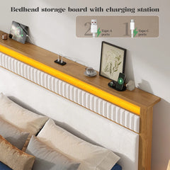 Snhomee Solid Wood Bed Frame with Upholstered Headboard,800 LBS Bed Frame with LED Lights & Charging Station, Noise-Free