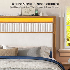 Snhomee Solid Wood Bed Frame with Upholstered Headboard,800 LBS Bed Frame with LED Lights & Charging Station, Noise-Free