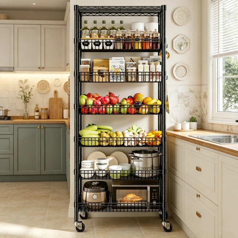 Snhomee 7‑Tier Rolling Wire Shelving with Basket & Locking Wheels, 610 lbs, 30 Inch Wide,  4 Side Hooks, Adjustable Storage Rack for Pantry Kitchen Commercial Use