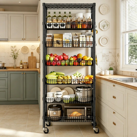 Snhomee 7‑Tier Rolling Wire Shelving with Basket & Locking Wheels, 610 lbs, 30 Inch Wide,  4 Side Hooks, Adjustable Storage Rack for Pantry Kitchen Commercial Use 800