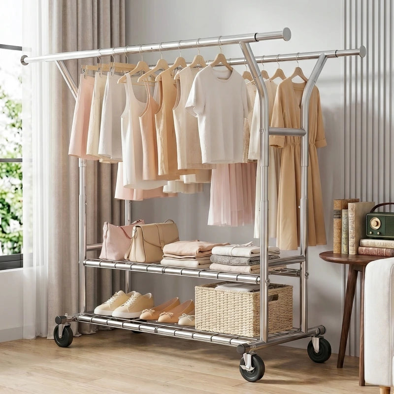 Snhomee 630 LBS Heavy Duty Expandable Metal Clothes Rack with 2 Shelves & Lockable 360° Wheels, Snap-Fit Assembly for Bedroom Laundry Room