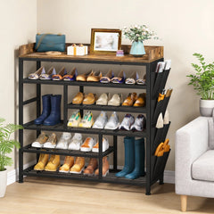 Snhomee Shoe Rack 6-Tier Metal Shoe Rack for Entryway Holds 24 Pairs, Wooden Top and Side Pocket for Entry, Entrance, Hallway, Black