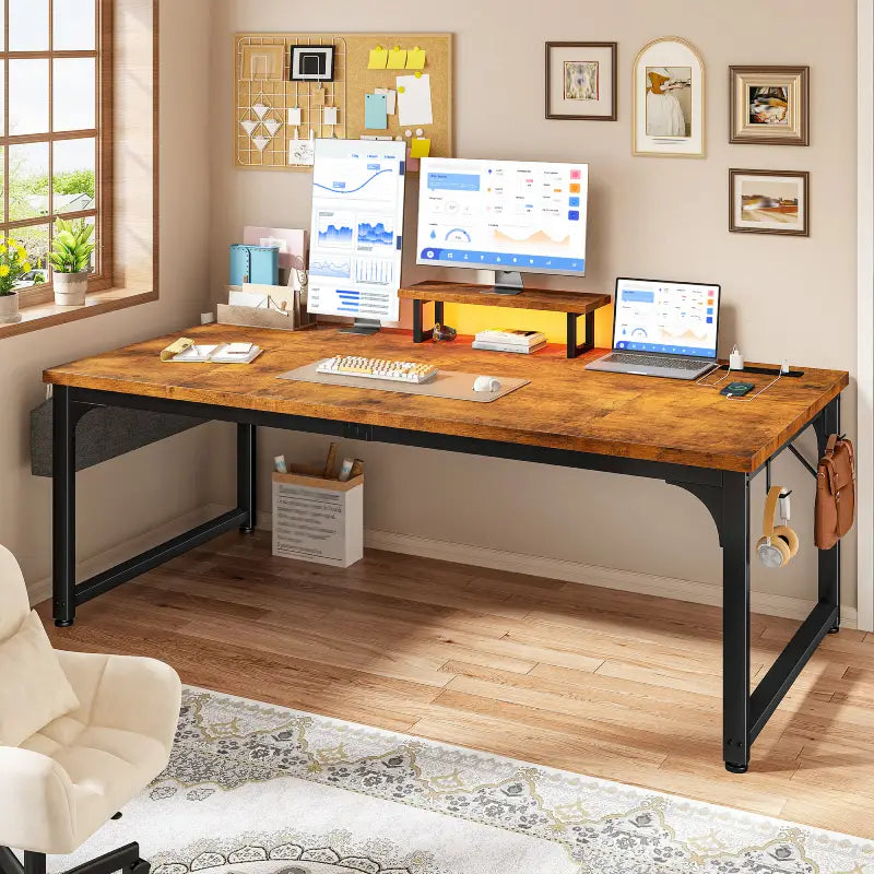 Snhomee 55"W Heavy Duty Computer Desk with 24mm Thick Desktop, Monitor Stand, Power Outlets & LED Lights, Writing Desk for Home Office, Study and Gaming