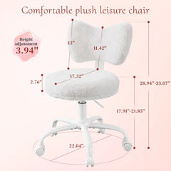 Snhomee White Bow Back Desk Chair, Fluffy Faux Rabbit Fur Seat, Adjustable Height, Swivel with Wheels&Lumbar Support,for Bedroom,Vanity,Study&Office