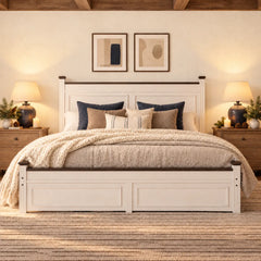 Snhomee White Wood Platform Bed Frame with 2 Storage Drawers, Tall Farmhouse Panel Headboard, Black Accents, No Box Spring Needed