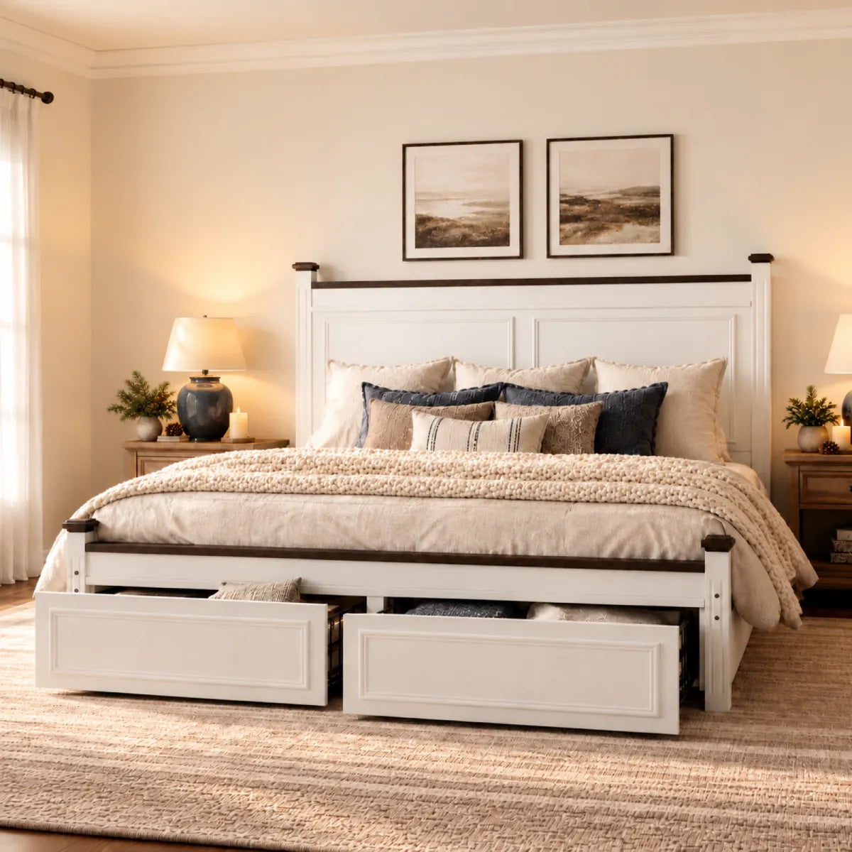 Snhomee White Wood Platform Bed Frame with 2 Storage Drawers, Tall Farmhouse Panel Headboard, Black Accents, No Box Spring Needed