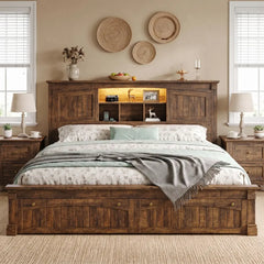 Snhomee farmhouse Rustic Brown platform bed with storage headboard in bedroom
