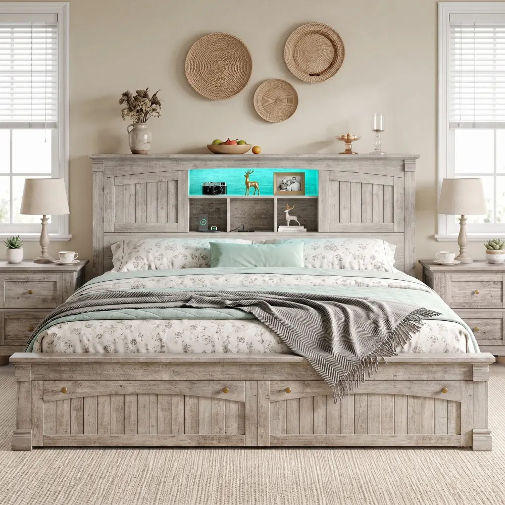 Snhomee farmhouse Gray Oak platform bed with storage headboard in bedroom