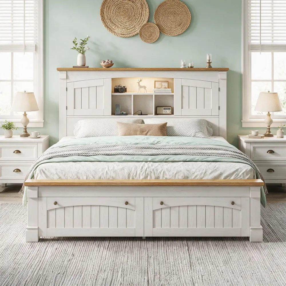 Snhomee farmhouse Antique White platform bed with storage headboard in bedroom
