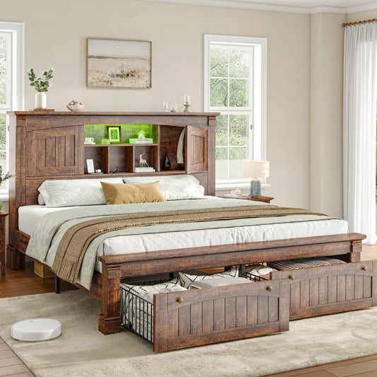 Snhomee platform bed with 2 footboard drawers and tall storage headboard Rustic Brown 1000