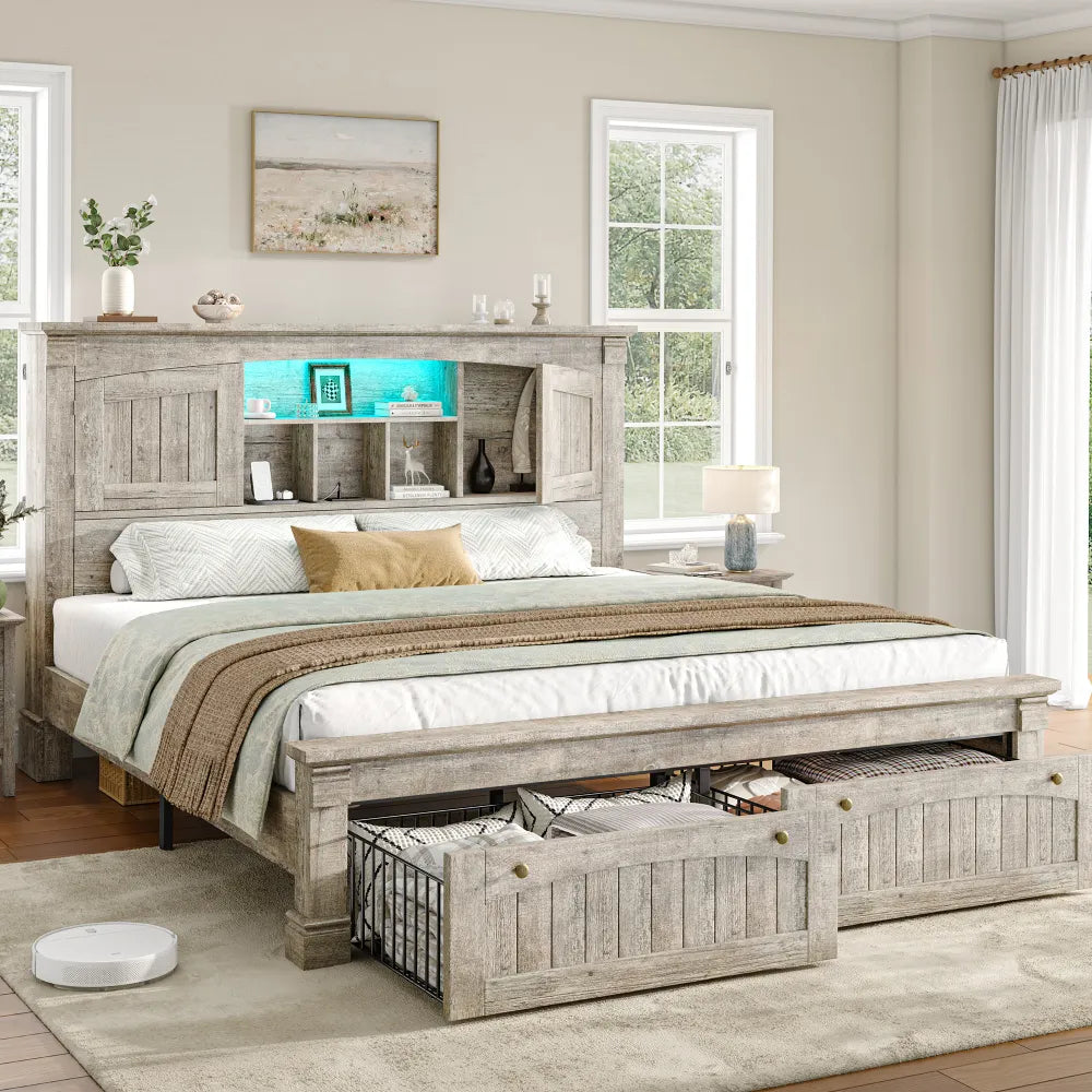 Snhomee platform bed with 2 footboard drawers and tall storage headboard Gray Oak