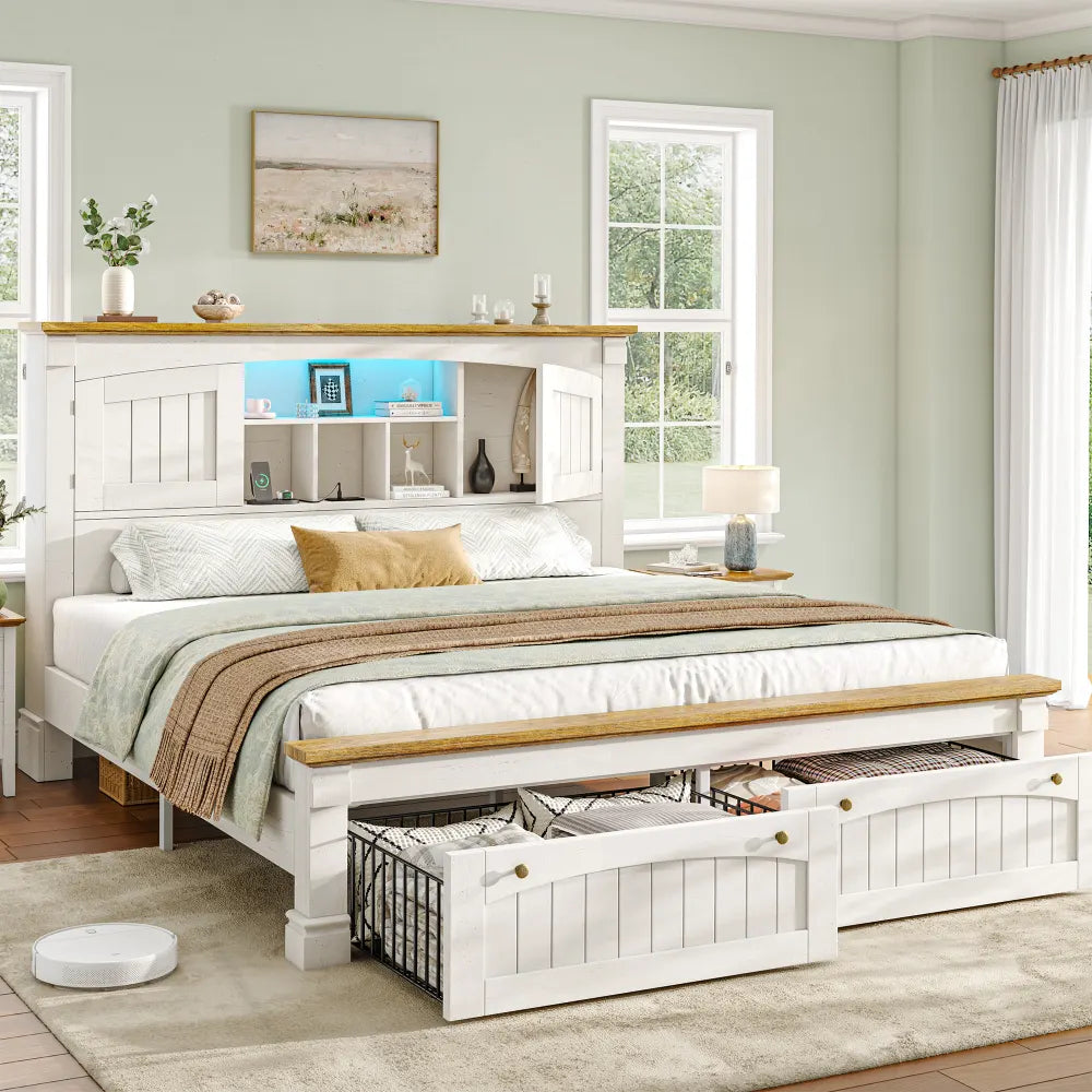 Snhomee platform bed with 2 footboard drawers and tall storage headboard Antique White
