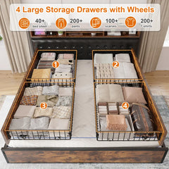 Snhomee 1100 LBS Luxury Upholstered Bed Frame with Headboard & 4 Storage Drawers and USB Charging ,Silent Design, No Box Spring Needed,Easy Assembly.