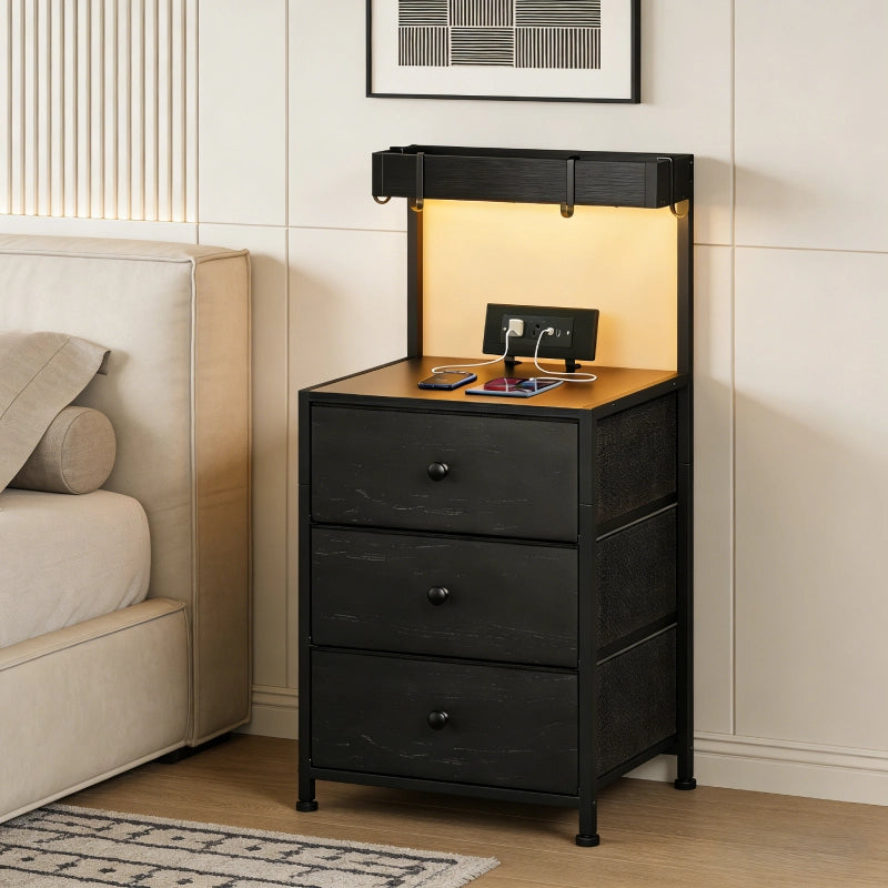 Snhomee ‌Tall LED Nightstand with Charging Station & 3-Drawer Shelves | Bedside Table with USB/AC Outlets & 4 Hooks