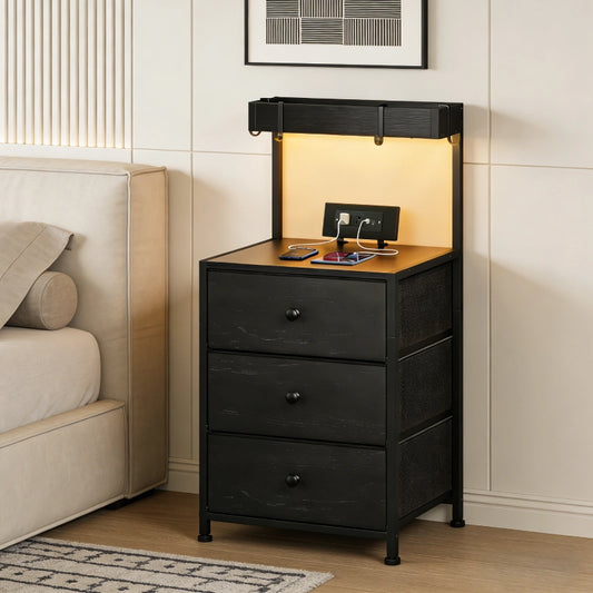 Snhomee ‌Tall LED Nightstand with Charging Station & 3-Drawer Shelves | Bedside Table with USB/AC Outlets & 4 Hooks 800