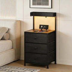 Snhomee ‌Tall LED Nightstand with Charging Station & 3-Drawer Shelves | Bedside Table with USB/AC Outlets & 4 Hooks
