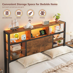 Snhomee Bed Frame with Storage Headboard, LED Lights and Charging Station, Heavy Duty Metal Platform Bed Frame, 1100 LBS Capacity, No Box Spring Needed, Easy Assembly