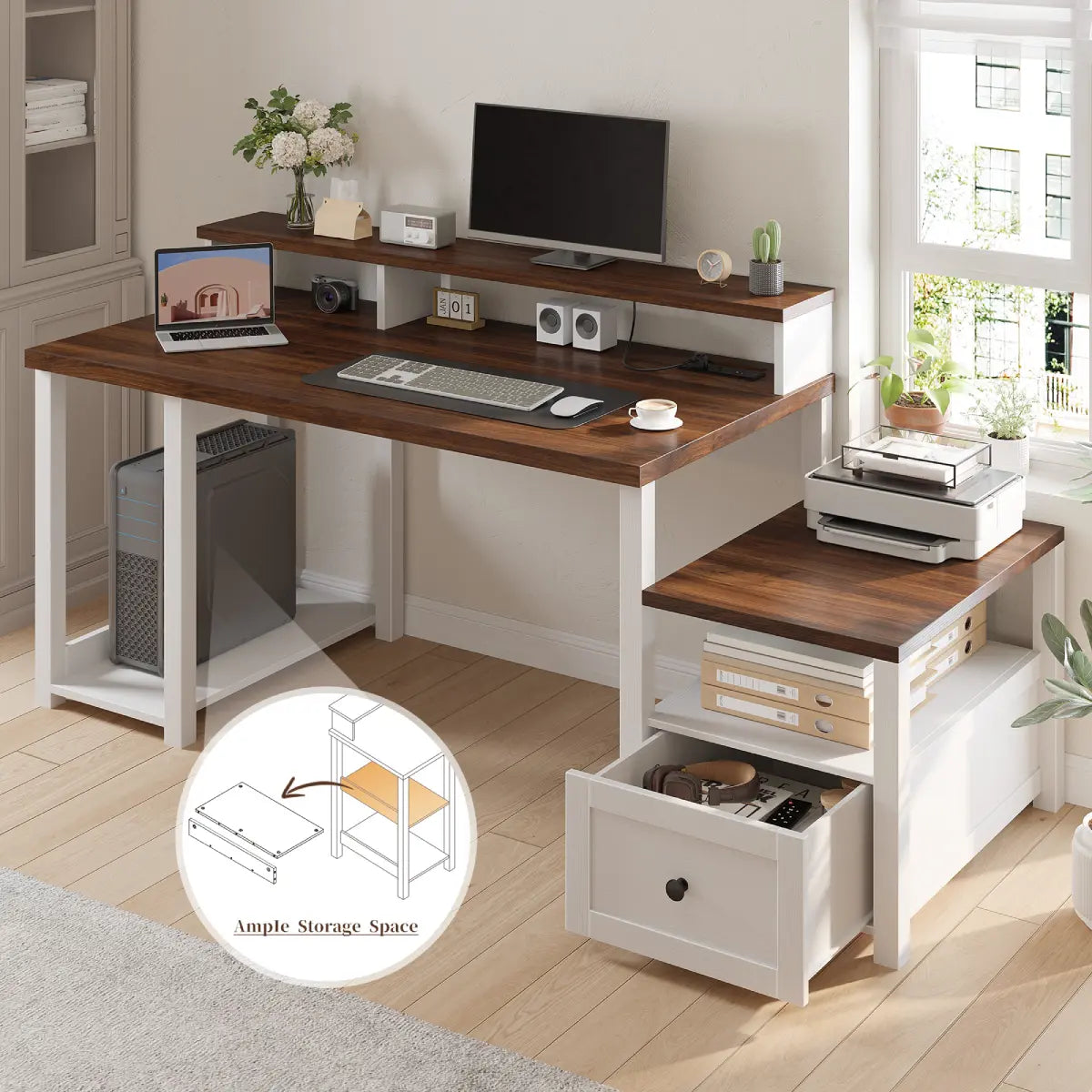 Computer Producing Desk Snhomee 60.4” Computer Desk with Drawer, LED & Power - Farmhouse Home ...