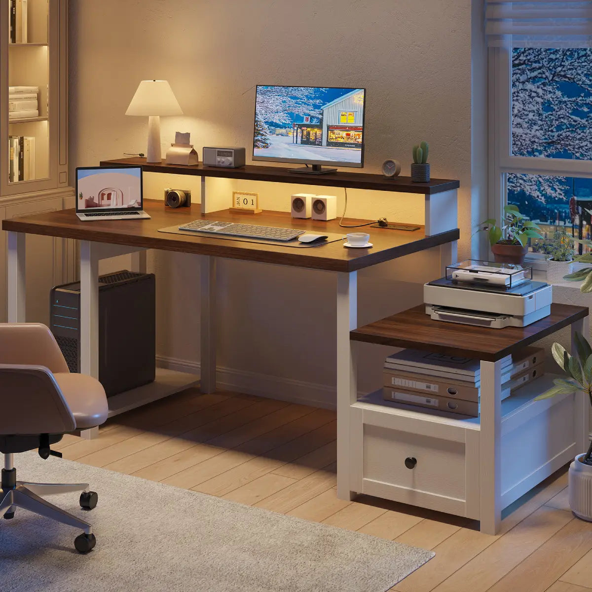 Snhomee 60.4” Computer Desk with Drawer, LED & Power - Farmhouse Home ...