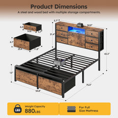 Snhomee Bed Frame with 8 Storage Drawers and Charging Station, Metal Platform Bed Frame with LED Lights and Headboard Storage, No Noise, Easy Assembly