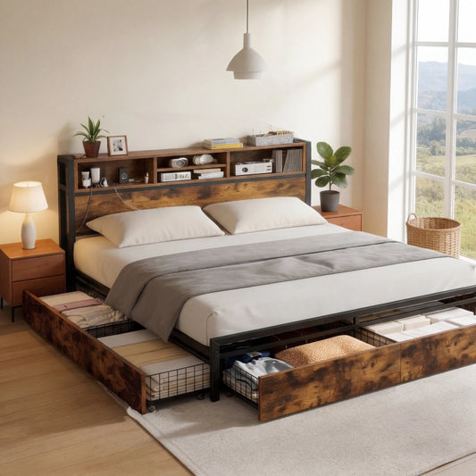 Snhomee Bed Frame with Storage Headboard and 6 Drawers & Charging Station - No Noise, No Box Spring Frames, 1100LBS Capacity 800