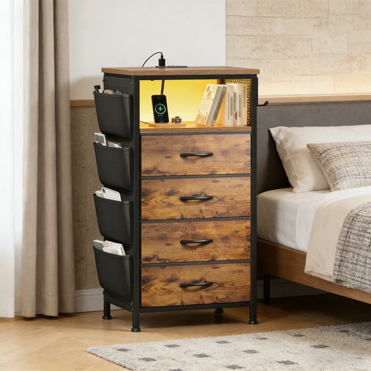 Snhomee Bedside Table with Charging Station & LED Lights - Nightstand, 4-Drawer Fabric Dresser Organizer with Pockets for Bedroom/Closet/Hallway (Brown) 800