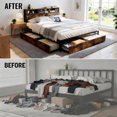 Snhomee Bed Frame with Storage Headboard and 6 Drawers & Charging Station - No Noise, No Box Spring Frames, 1100LBS Capacity