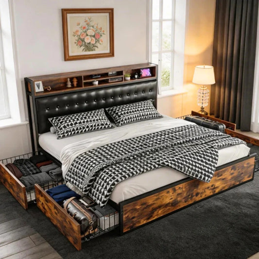 Snhomee 1100 LBS Luxury Upholstered Bed Frame with Headboard & 4 Storage Drawers and USB Charging ,Silent Design, No Box Spring Needed,Easy Assembly. 800