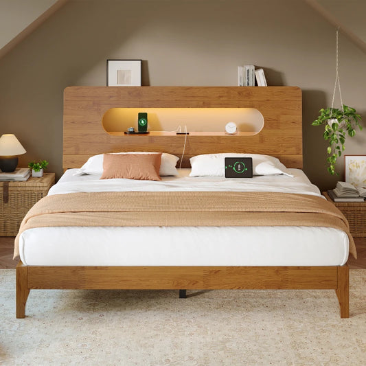 Snhomee Solid Wood Bed Frame with LED Lights & Charging Station,700 LBS Bed Frame with Storage Headboard, Noise-Free 800