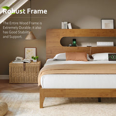 Snhomee Solid Wood Bed Frame with LED Lights & Charging Station,700 LBS Bed Frame with Storage Headboard, Noise-Free
