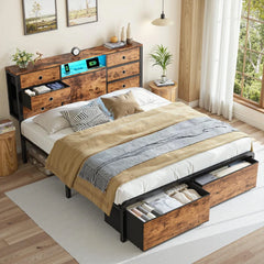Snhomee Bed Frame with 8 Storage Drawers and Charging Station, Metal Platform Bed Frame with LED Lights and Headboard Storage, No Noise, Easy Assembly