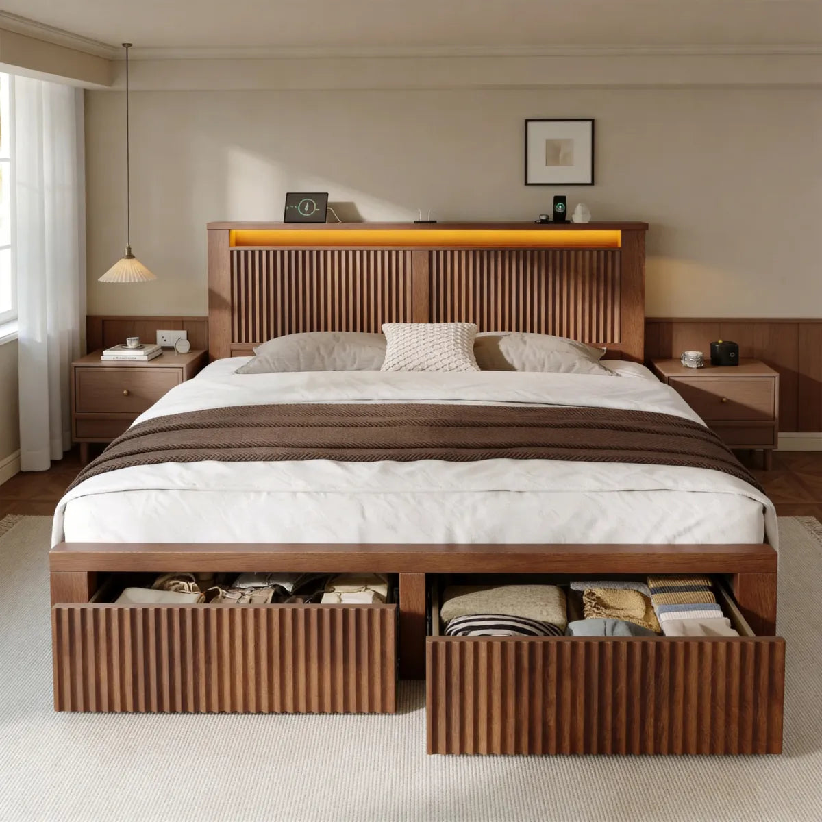 Snhomee Wood Fluted  Platform Bed Frame with 2 Storage Drawers & Tall Headboard, LED Lights, Charging Station, 800 LBS Capacity, Noise-Free, No Box Spring Needed, Modern Farmhouse Style