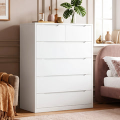 Snhomee Tall Storage Dresser, Modern Handleless Cabinet with Six Spacious Drawers, Quiet Glide & Anti-Tip Design for Bedroom, Living Room and Entryway