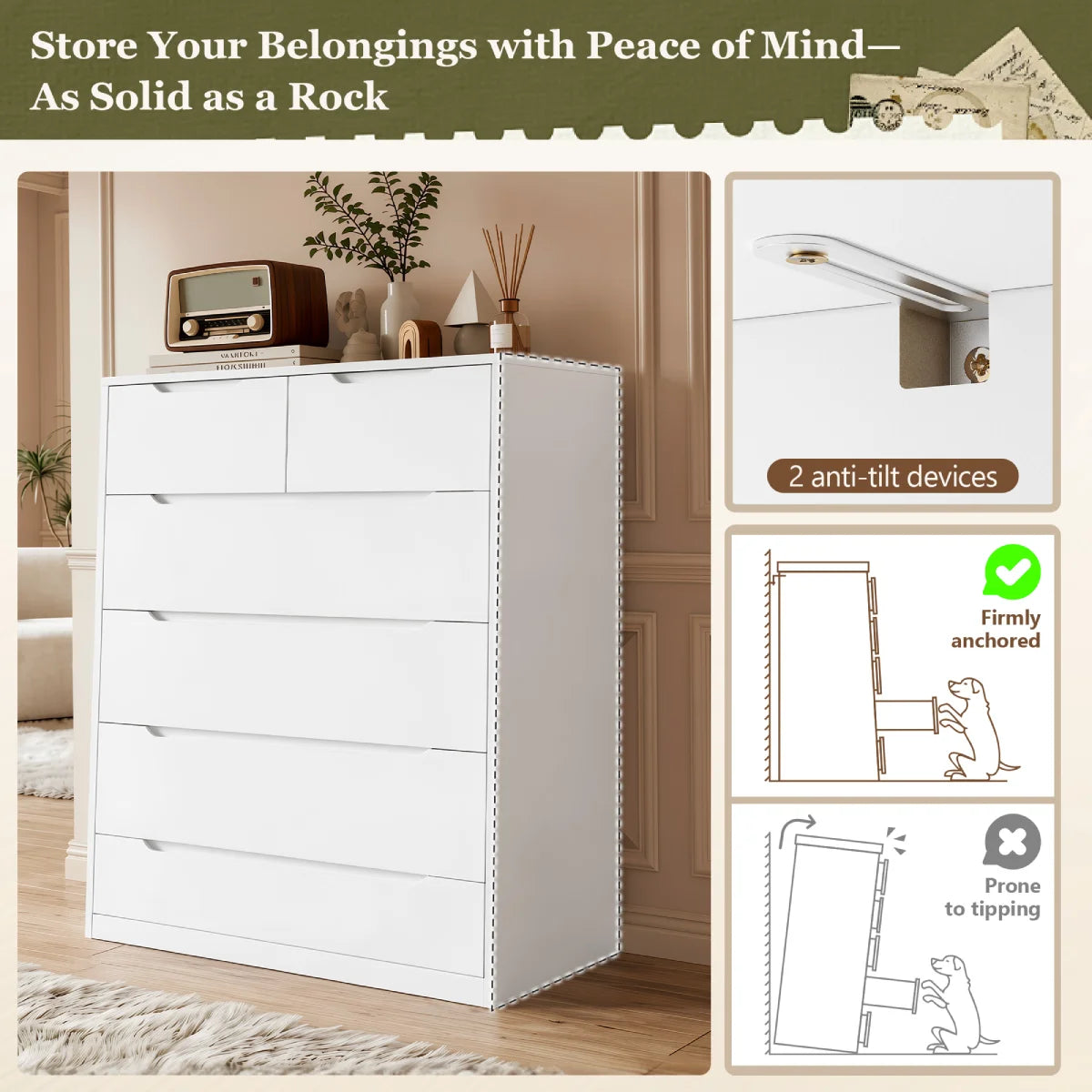 Snhomee 6-Drawer Tall Dresser, Modern Wood Storage Cabinet with Handleless Design, Quiet Glide Drawers & Anti-Tip Safety for Bedroom, Living Room