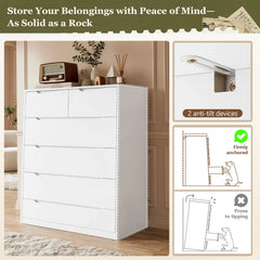 Snhomee Tall Storage Dresser, Modern Handleless Cabinet with Six Spacious Drawers, Quiet Glide & Anti-Tip Design for Bedroom, Living Room and Entryway