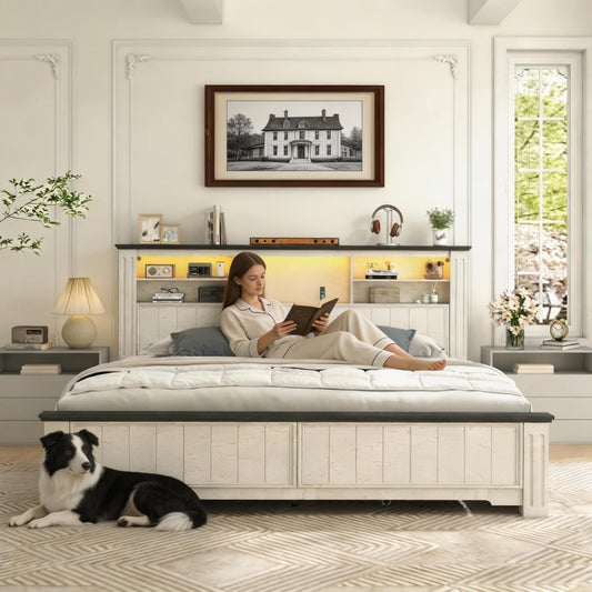 Snhomee White Platform Storage Bed Frame with 4 Drawers, Modern Farmhouse Bed with Black Accents, LED Charging Headboard, 900 lbs Support, No Box Spring Required 1000