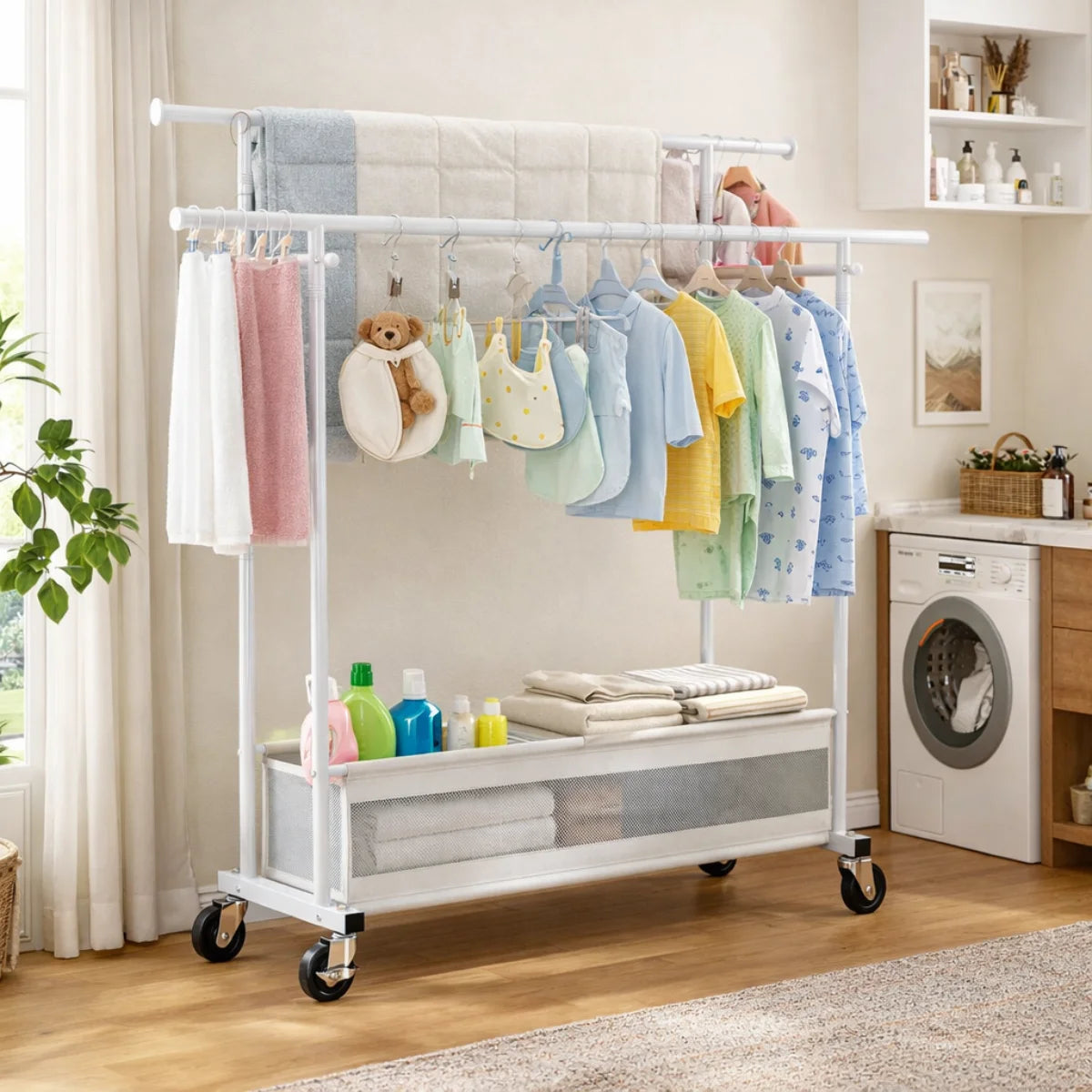 Snhomee Double Rod Clothing Rack with Storage Bag & Sturdy Wheels, rolling clothing racks,Metal Garment Rack for Closet Organizers and Storage