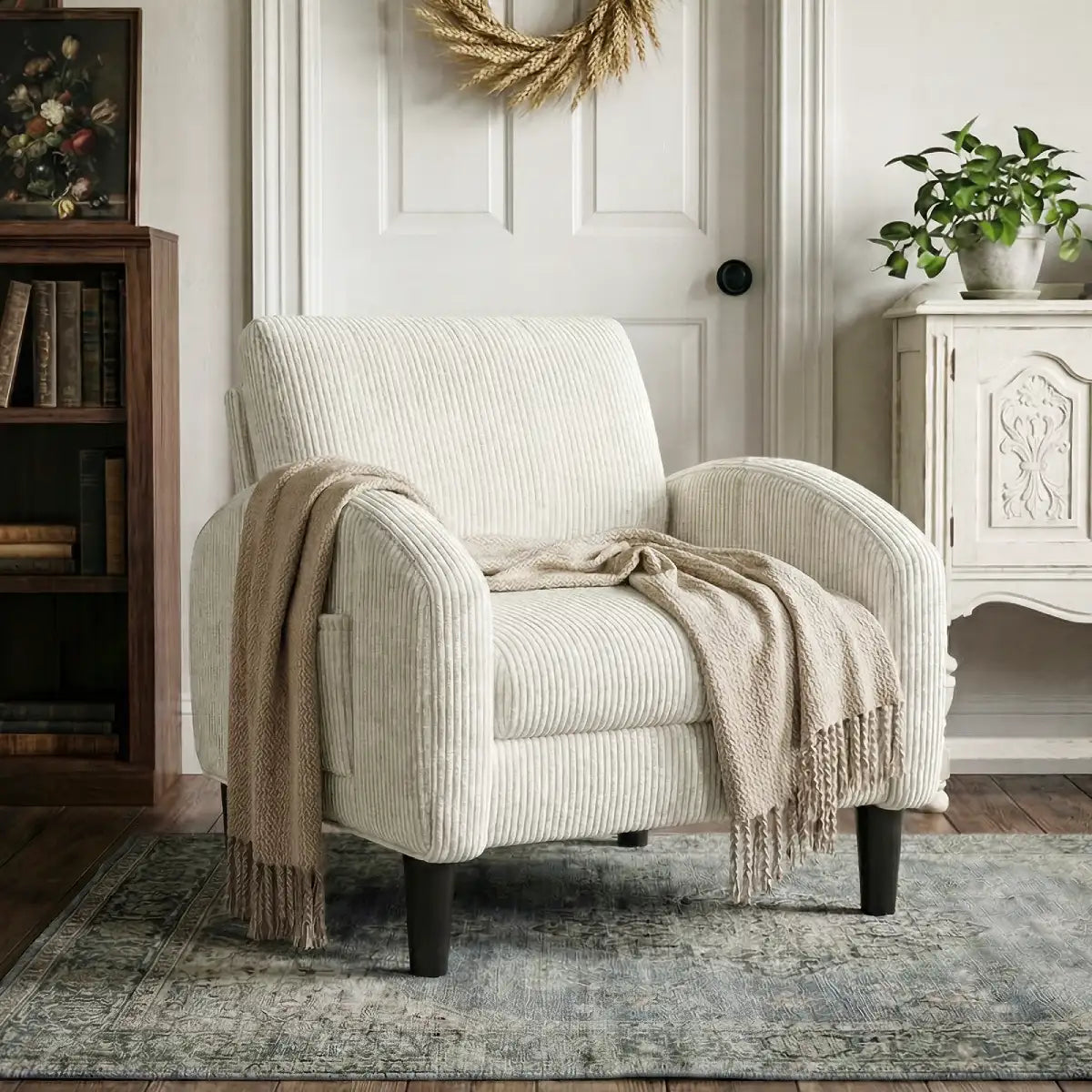 Snhomee Mid-Century Corduroy Upholstered Accent Chair with Dual Side Pockets, Ergonomic Support, 300 lb Capacity
