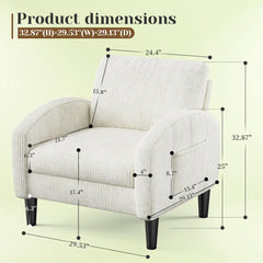 Snhomee Mid-Century Corduroy Upholstered Accent Chair with Dual Side Pockets, Ergonomic Support, 300 lb Capacity