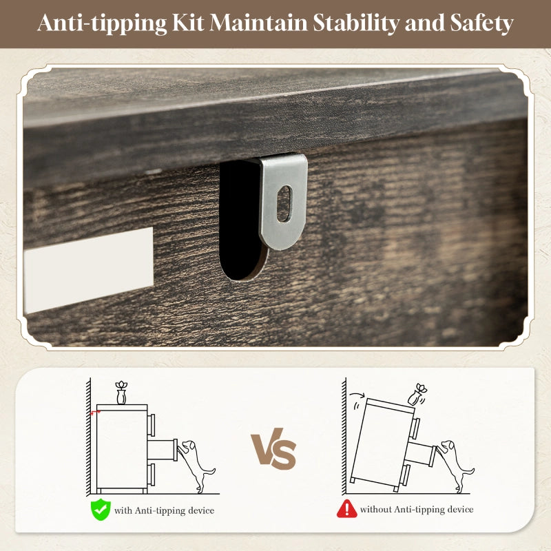 Detail display of a black walnut-colored cabinet, with a seven-drawer anti-tip design that installs securely