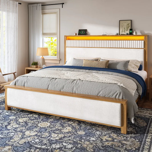 Snhomee Solid Wood Bed Frame with Upholstered Headboard,800 LBS Bed Frame with LED Lights & Charging Station, Noise-Free 800