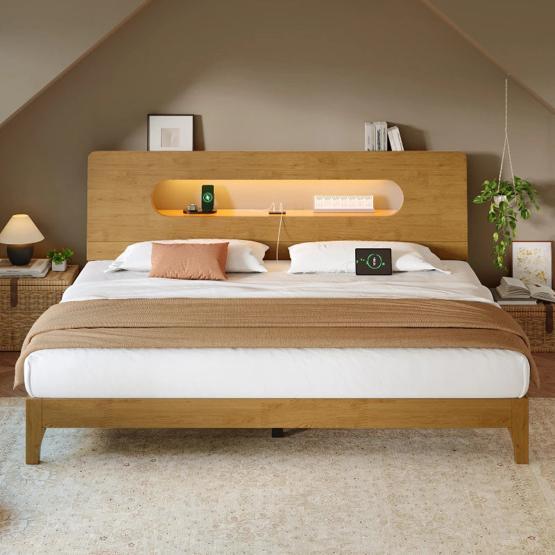 Snhomee Solid Wood Bed Frame with LED Lights & Charging Station,700 LBS Bed Frame with Storage Headboard, Noise-Free